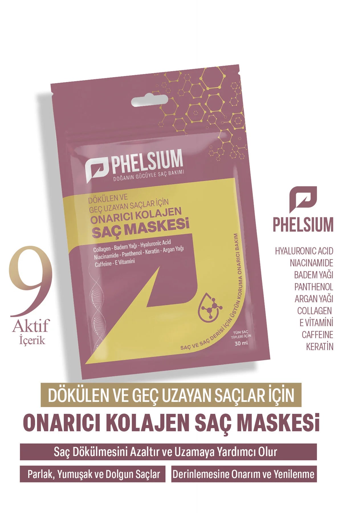 Phelsium 9-Actieve inhoud - Voedend en herstellend collageen Haarmasker voor haaruitval - Helpt haar sneller te laten groeien - Collageen - Amandelolie - Hyaluronzuur - Niacinamide - Panthenol - Keratine - Arganolie - Cafeïne - Vitamine E - 30 ml