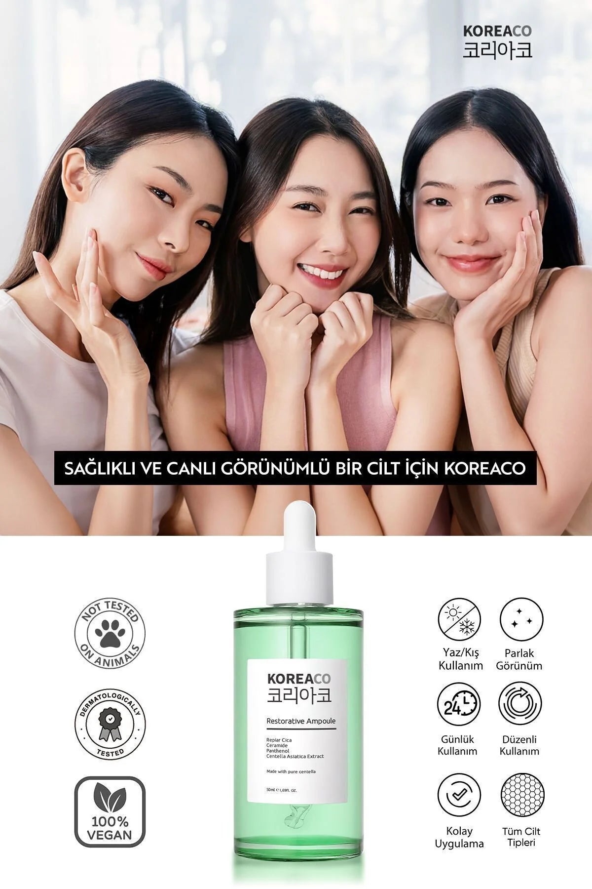 Koreaco - Restorative Ampoule | Serum | Pure Centella Asiatica | Panthenol | Hydrateert en Kalmeert de huid | Herstellende, verhelderende, 24-uurs hydraterende ampul | 50 ml |