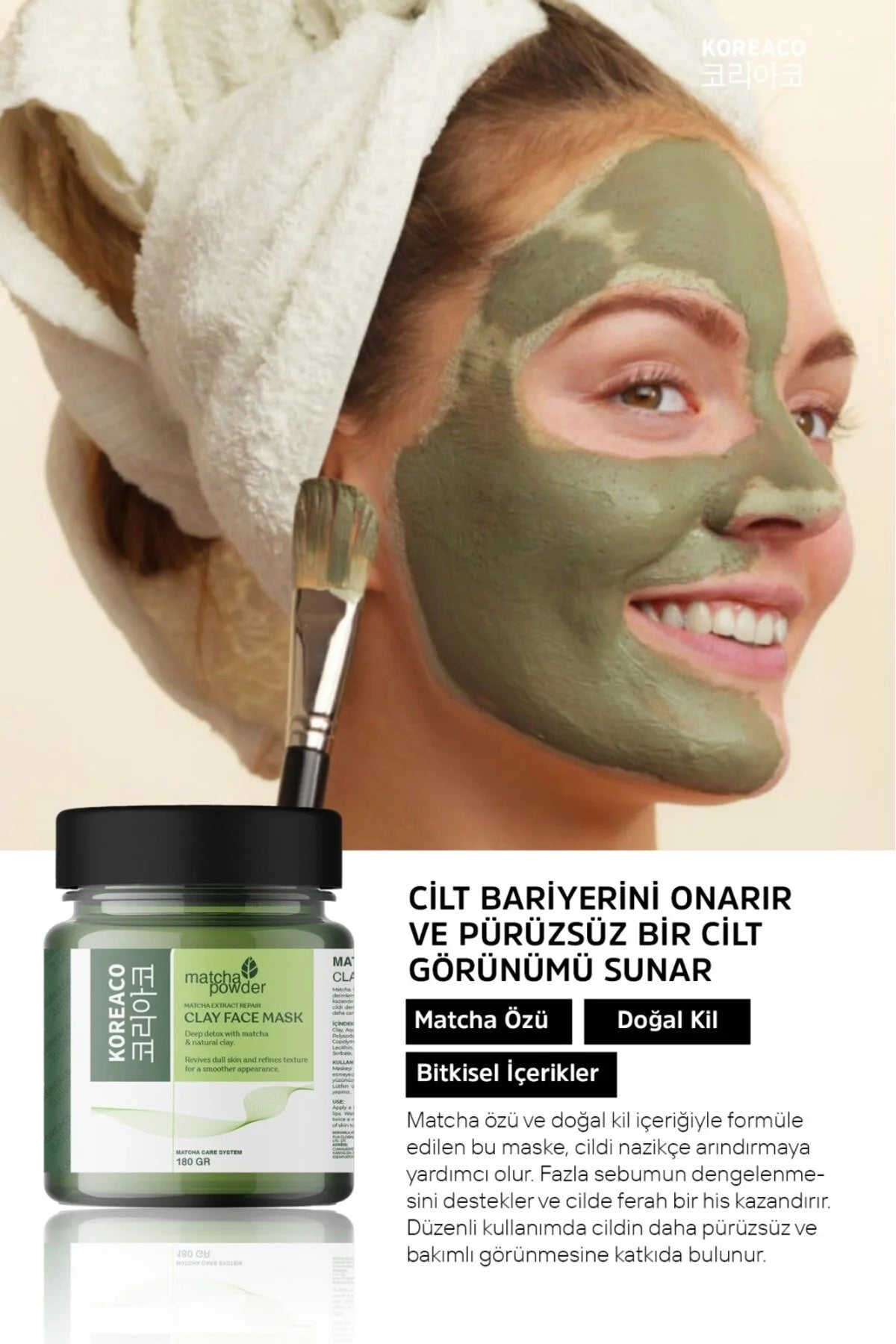 Koreaco Matcha Clay Face Mask 150ml – Diep Reinigend Gezichtsmasker met Groene Thee