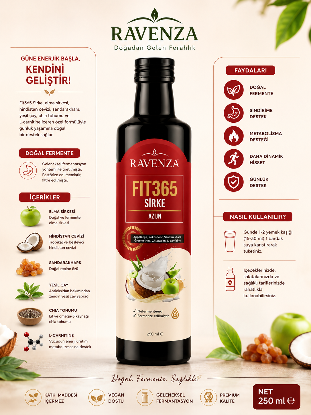 Ravenza Fit365 Azijn 250 ml – Appelazijn met Kokosolie, Chiazaad, Quinoa & L-Carnitine – Natuurlijk Gefermenteerd