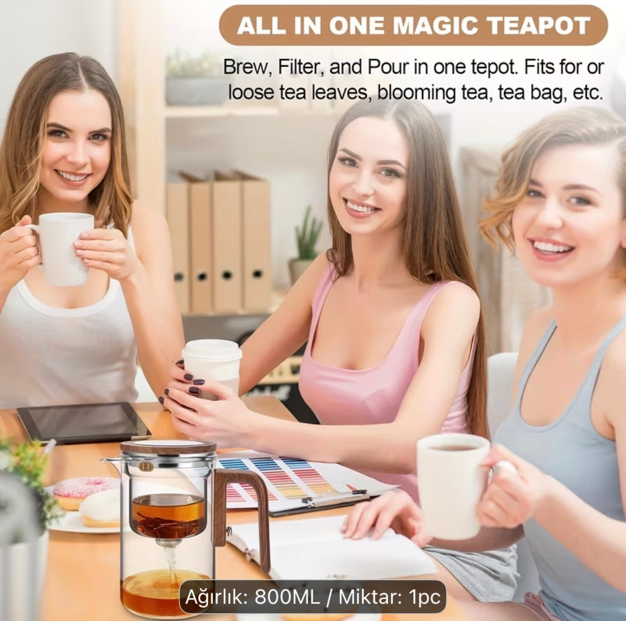 Magnetic Glass Teapot 800 ml – Glazen Theepot met Filter – Magnetisch Deksel – Hittebestendige Theekan