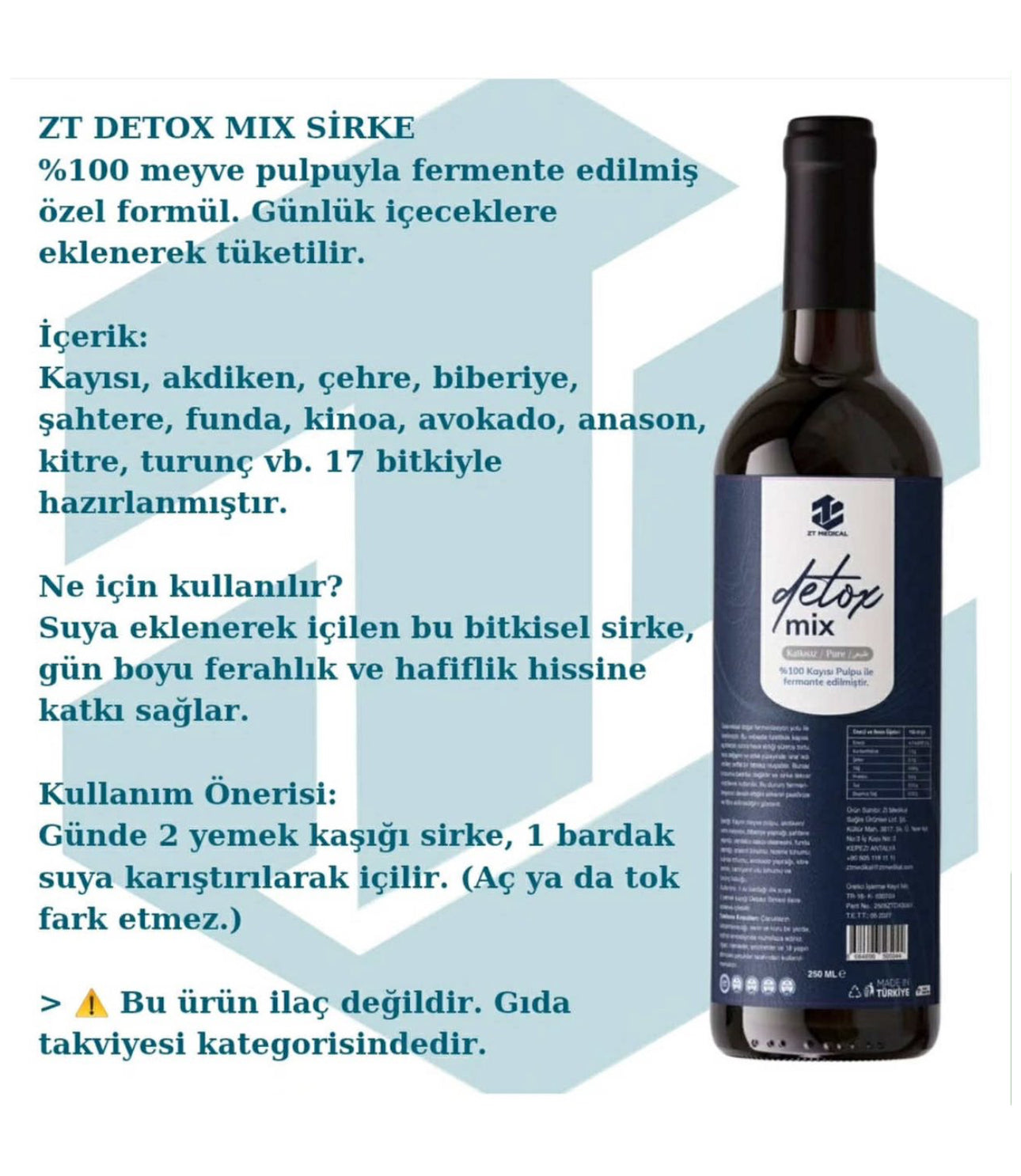 ZT Medical Detox Mix Azijn - Gefermenteerd met 100% Abrikozenpulp - Puur - Zonder toevoegingen - 1 fles van 250 ml