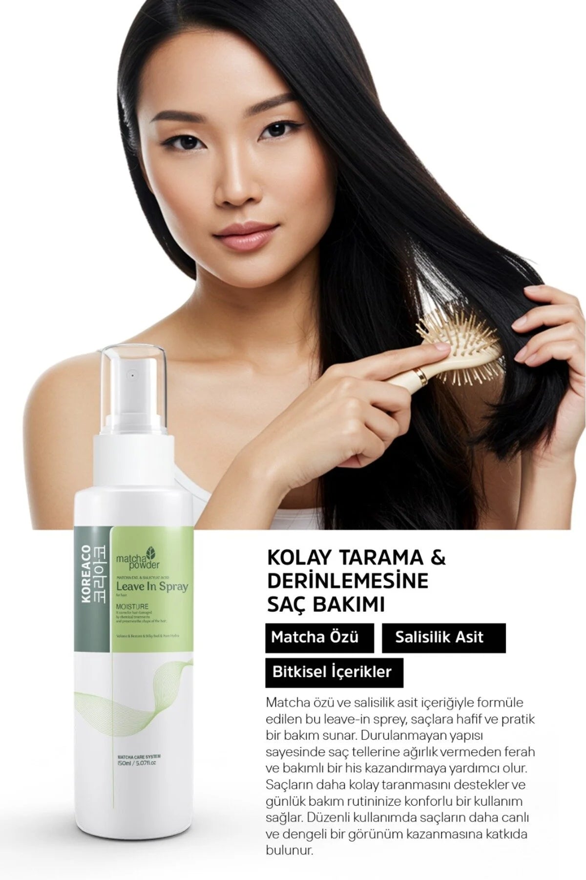 Koreaco Matcha Leave-In Hair Spray 150ml – Hydraterende Haar Spray zonder Uitspoelen