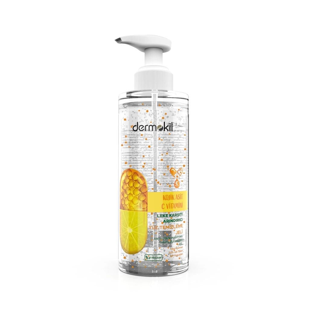 Dermokil Kojic Acid & Vitamine C Anti-Stain Purifying Facial Cleansing gel - Anti-Vlek Zuiverende Gezichtsreinigingsgel - Hydraterende + Verzachtende & Herstellende eigenschappen - Centella Asiatica+Acacia+Vitamine B5+Glycerine - Alle huidtypen 200ml
