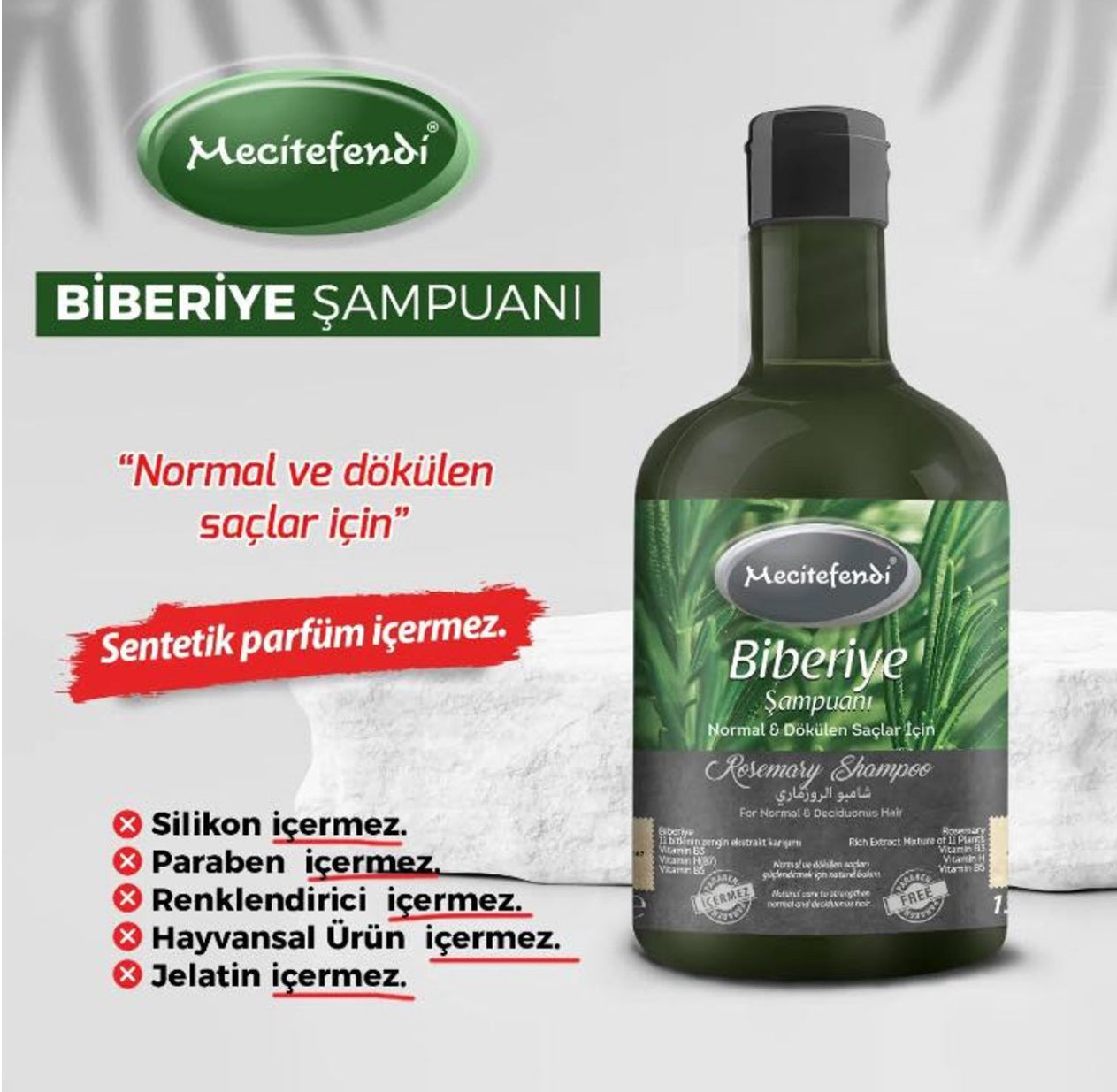 Mecitefendi Rozemarijn Shampoo / Haaruitval / Anti-roos en jeukproblemen / Rijk aan extractmengsel van 11 planten / Vitamine B3 / Vitamine H & B5 / 400 ml