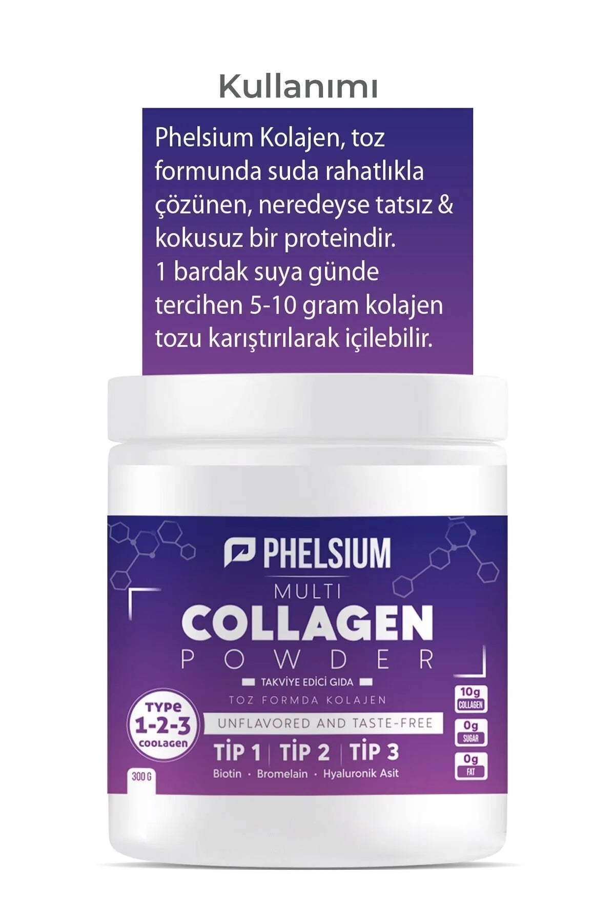 Phelsium Multi Collagen Poeder Type 1 2 3 met Hyaluronzuur, Biotine en Bromelaïne - Smaakloos - 300 g