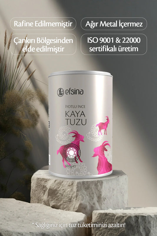 Efsina Lodized Fine Rock Salt (Kaya tuzu) 600g - Natuurlijke Niet-Geraffineerde Tafelzout - Verrijkt met Kaliumjodaat - Fijn Gemalen Steenzout