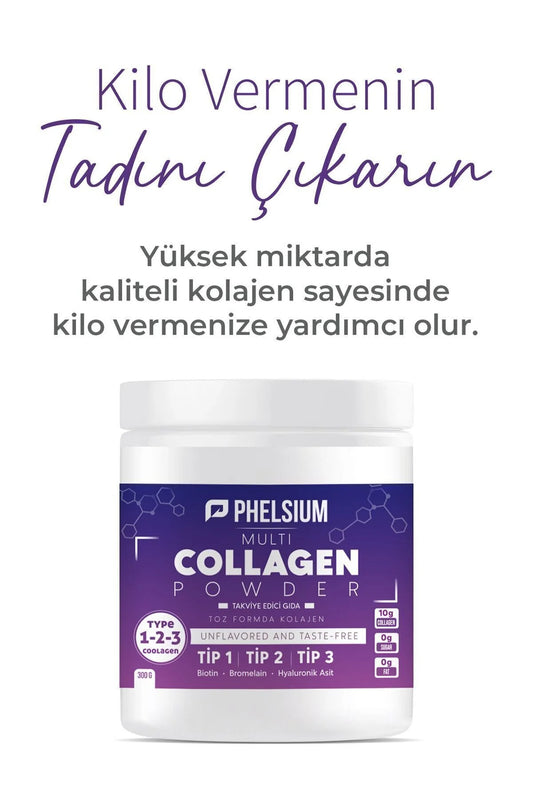 Phelsium Multi Collagen Poeder Type 1 2 3 met Hyaluronzuur, Biotine en Bromelaïne - Smaakloos - 300 g
