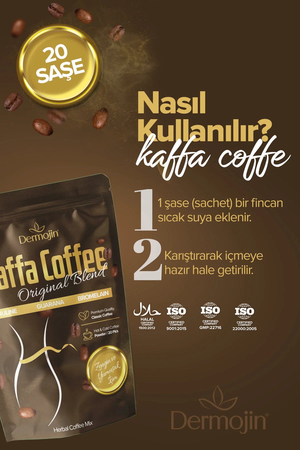 Dermojin Kaffa Koffie – Inuline, Bromelaïne & Guarana – Oploskoffie – 20 Sachets – 100 g