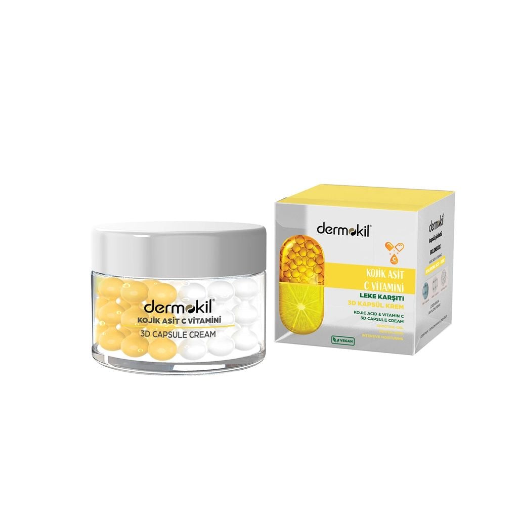 Dermokil - Kojic Acid & Vitamine C Anti-Vlek Revitaliserende 3D Capsule Crème - Centella Asiatica helpt fijne lijntjes & rimpels - Glycerine Verhoogt vochtgehalte van de huid - Anti-puistjes effect - Hyaluronzuur + Collageen - Alle huidtypen - 50 ml
