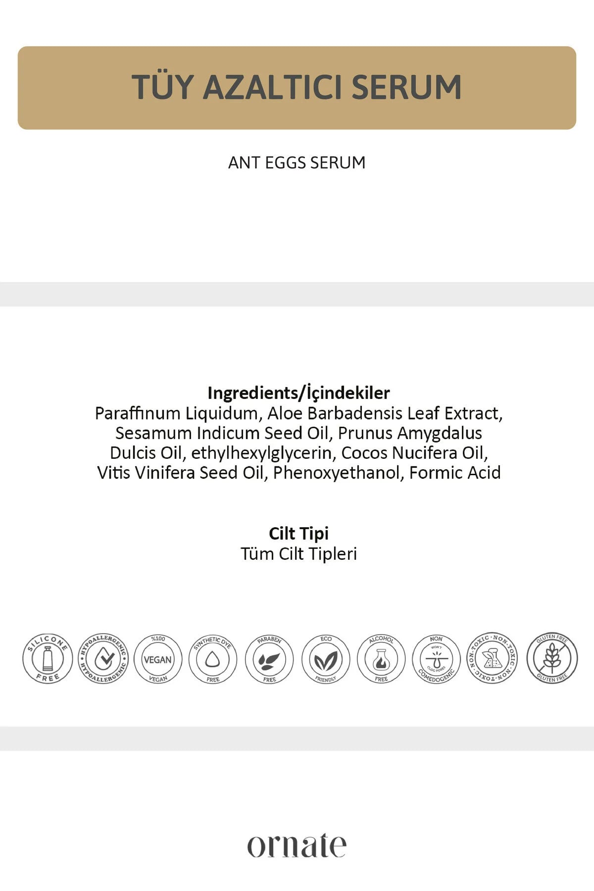 ORNATE Ant Egg Oil Ontharings- en HaarVerminderend MierenEieren Serum 30 ml Mierenzuur Aloë vera Kokos Olie & Sesam Olie