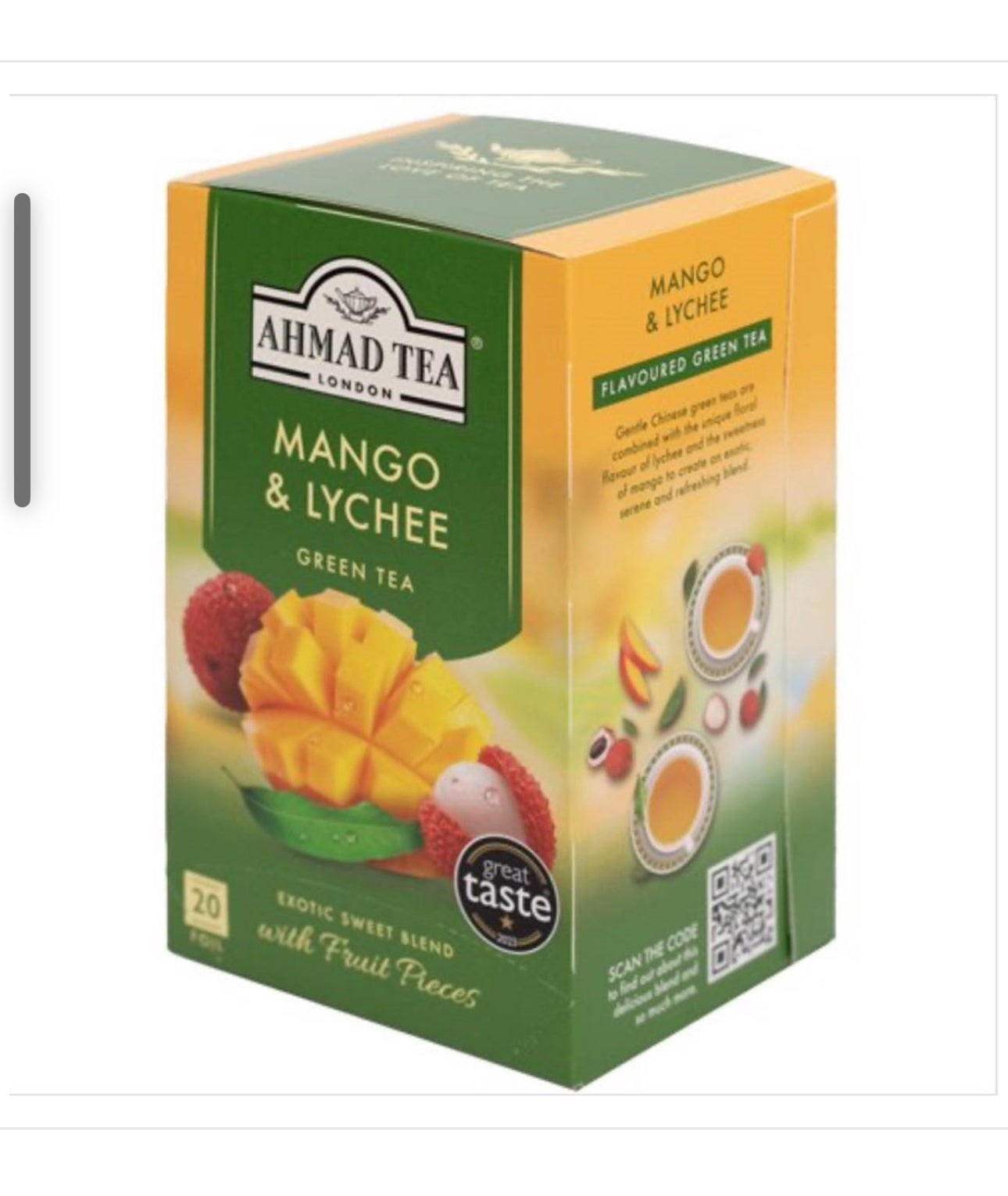 Ahmad Tea London Mango & Lychee Groene thee Exotische zoete blend stukjes fruit, Geweldige bron van antioxidanten en voedingsstoffen 20 zakjes