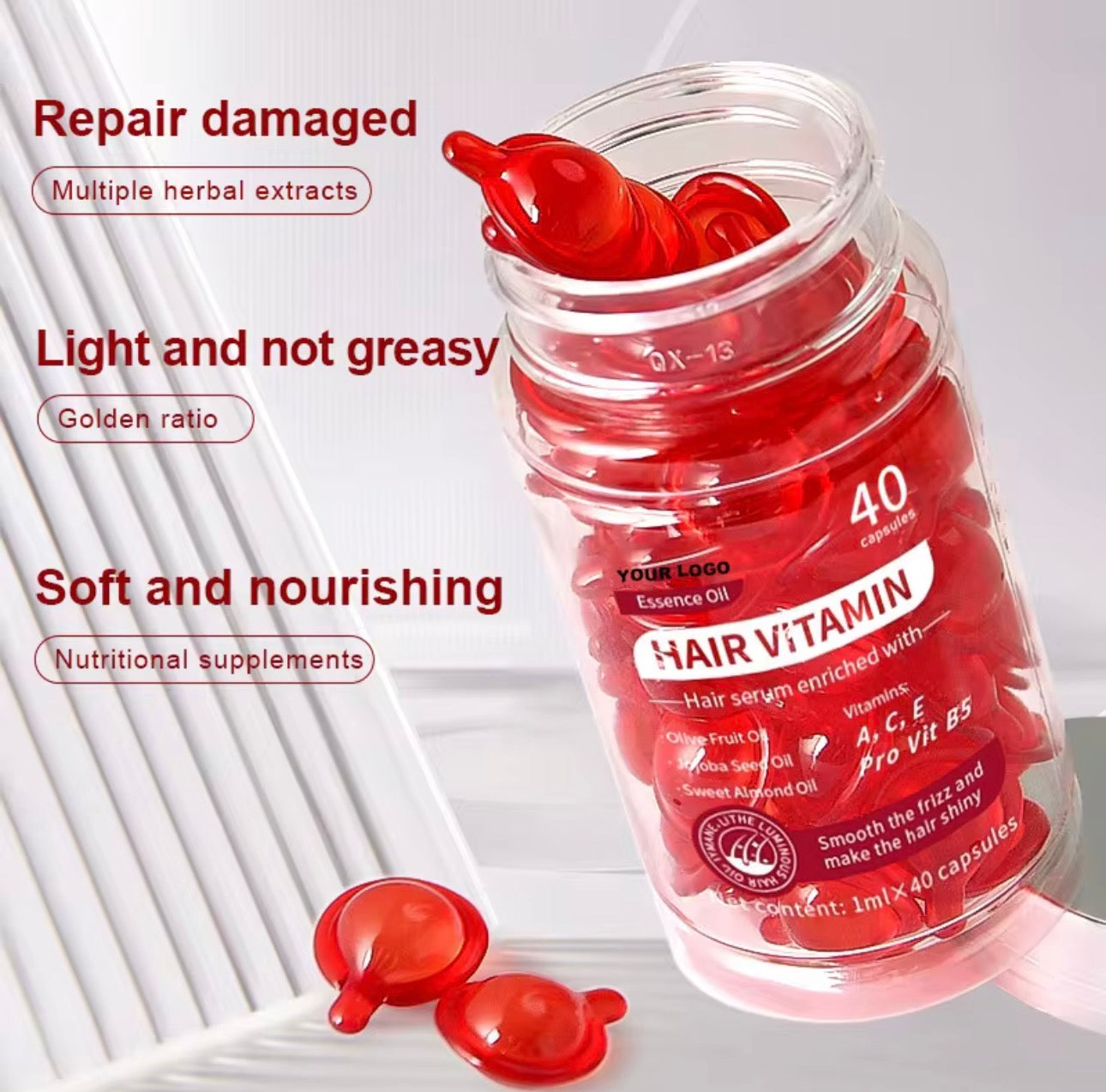 LANBENA Vitamine Haar Serum Olie - Vitamines A C E & Pro Vit. B5 / 40 stuks Capsules / Zonder uitspoelen Met Argan Macadamia Avocado-oliën / Hydraterende Versterkende Haarolie & Conditionerend voor Alle Haartypes / Geurversterker met Arganolie