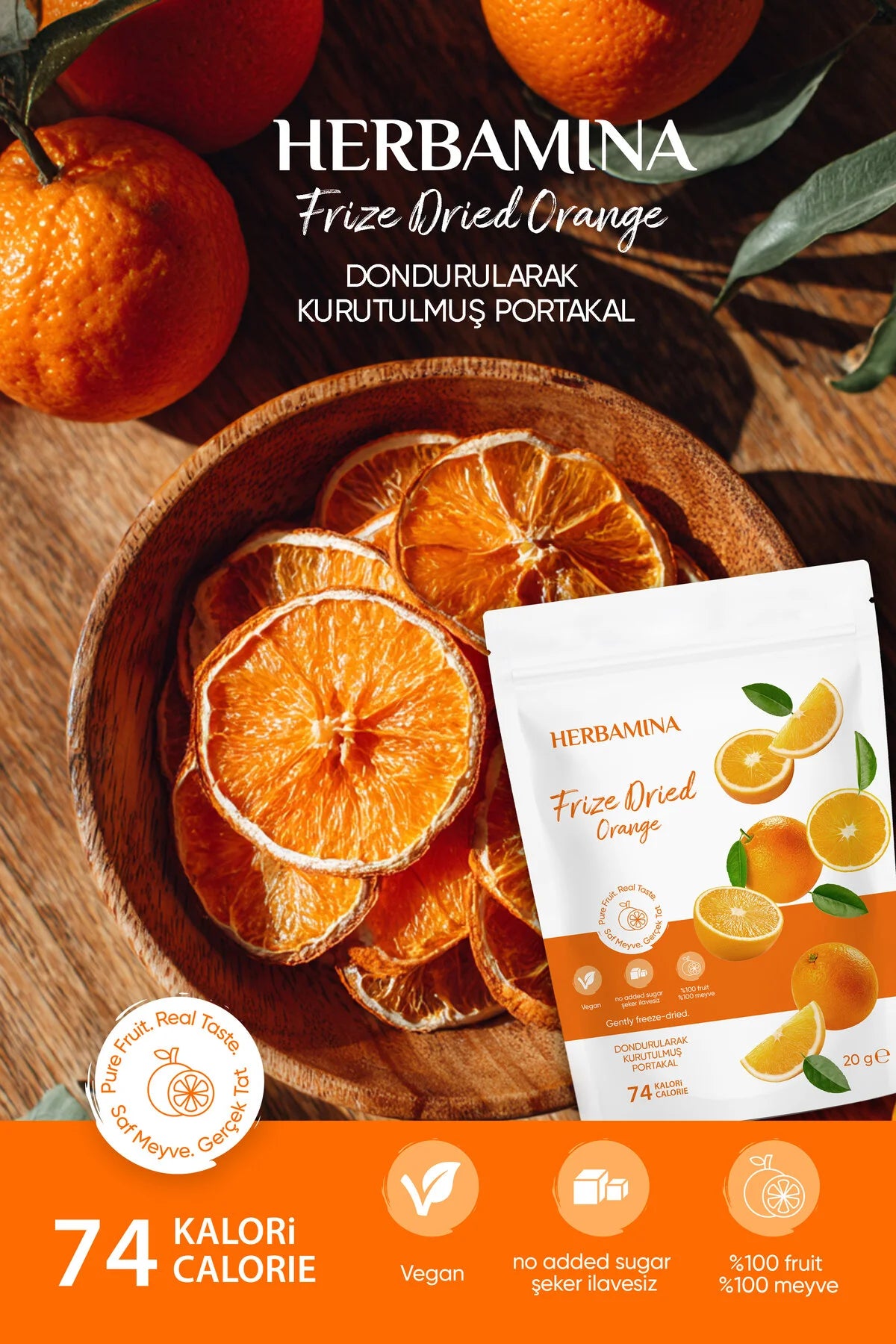 Herbamina Gevriesdroogde Sinaasappel 20g – Freeze Dried Orange Snack – 100% Fruit – Knapperige Fruitsnack – Zonder Toegevoegde Suikers – Vegan