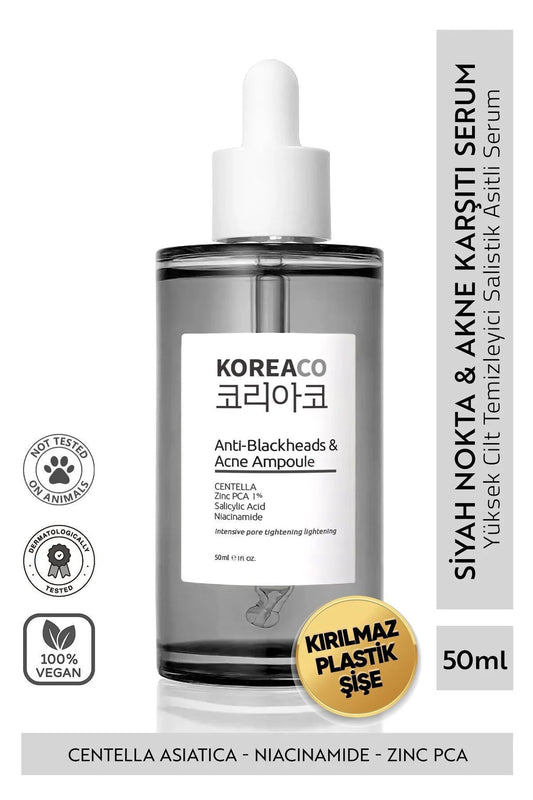Koreaco - Anti-Blackheads & Acne Ampoule | Anti-mee-eters Acne Ampul | VEGAN | Voor alle huidtypes | 50 (ml.) | Centella | Niacinamide | Makes your skin smooth |