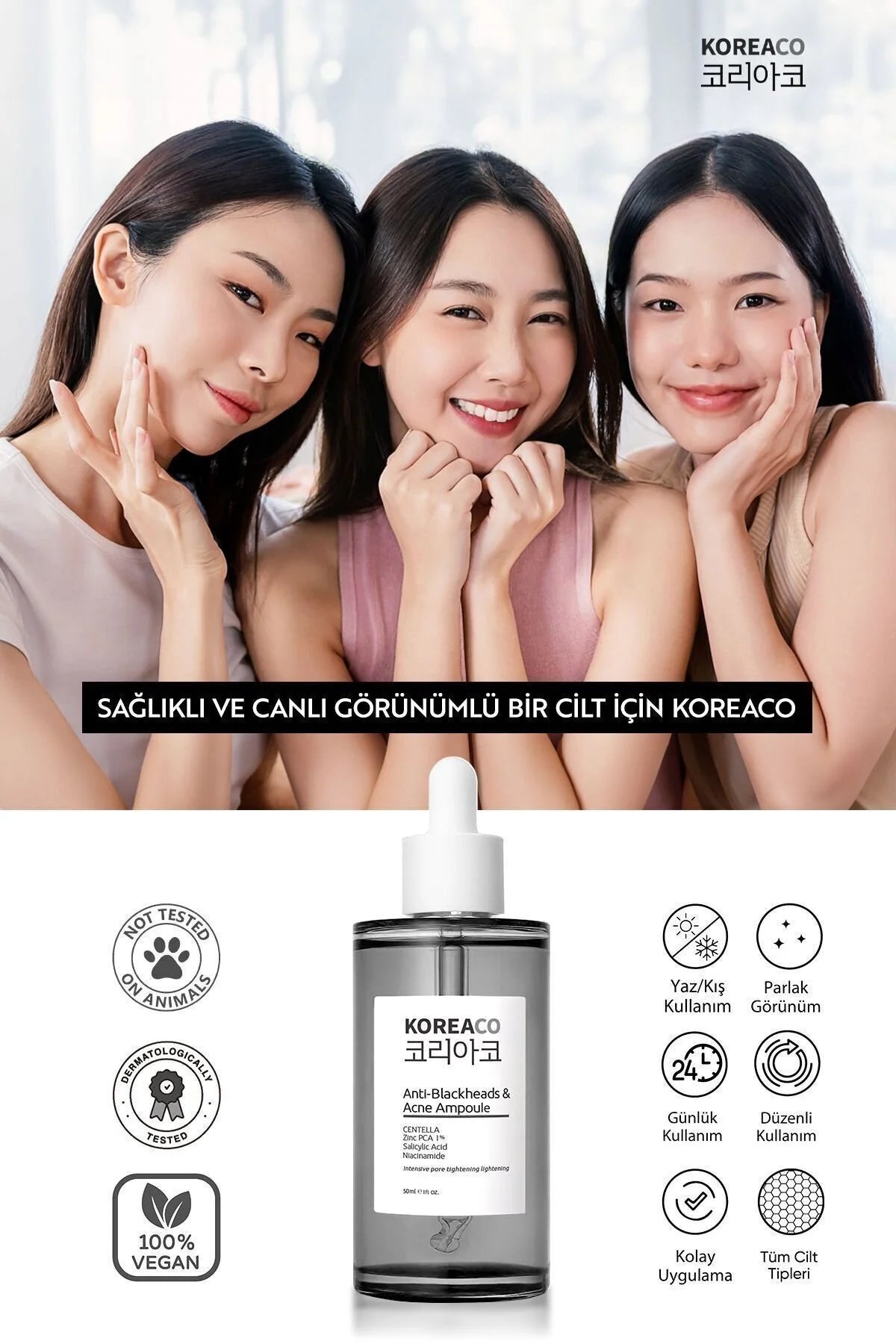 Koreaco - Anti-Blackheads & Acne Ampoule | Anti-mee-eters Acne Ampul | VEGAN | Voor alle huidtypes | 50 (ml.) | Centella | Niacinamide | Makes your skin smooth |