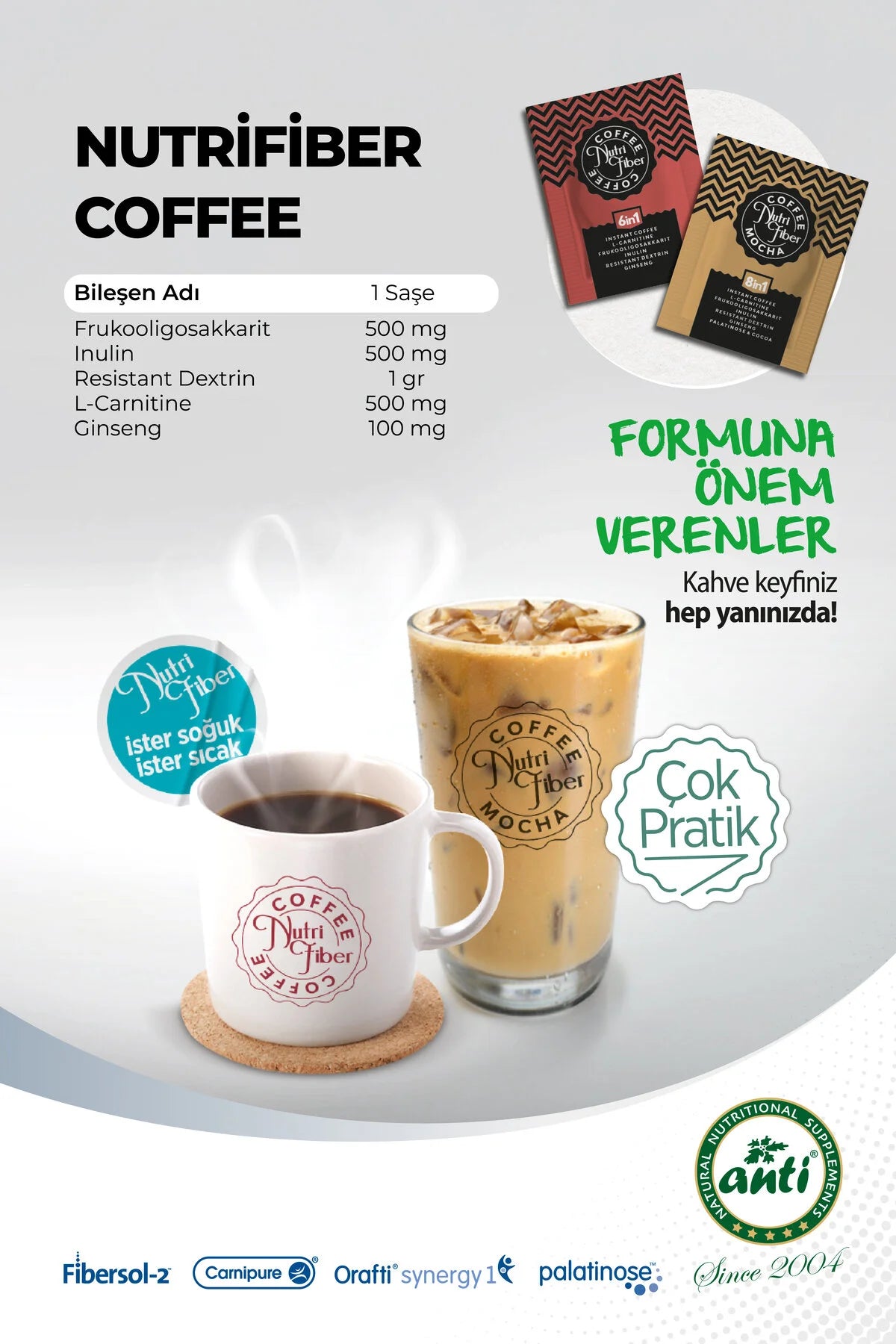 Nutrifiber® Coffee 6 in 1 Detox Koffie - Instant Koffie met Vezels / Inuline / L-Carnitine & Ginseng - Probiotische Effect - 10 Sachets - Warm & Koud te Bereiden