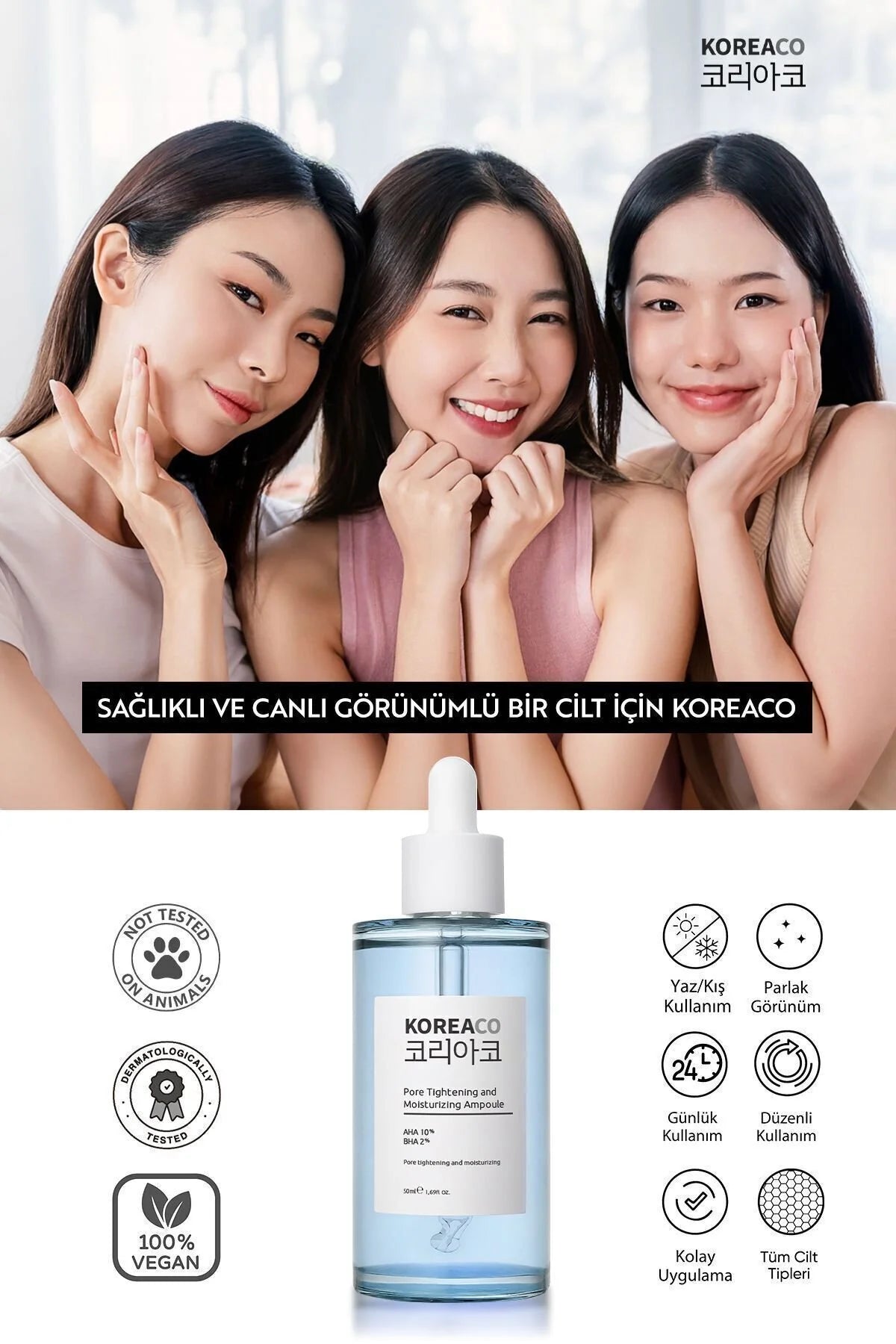 Koreaco - Pore Tightening And Moisturizing Ampoule | AHA & BHA Revitaliserende & Poriënverstrakking & Hydratatie | VEGAN | 50 (ml.) |
