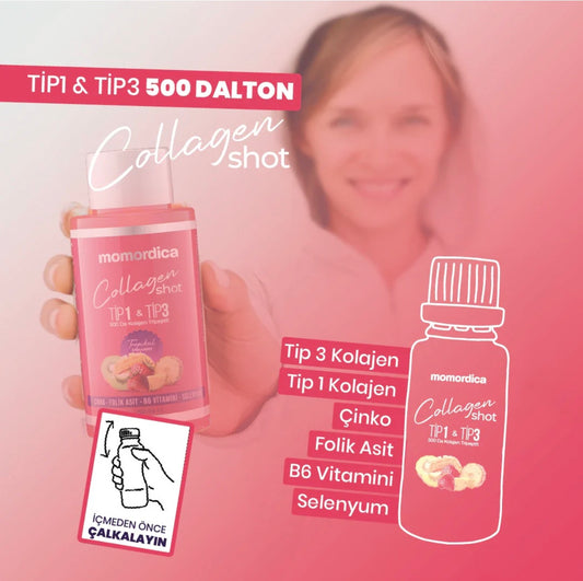Momordica Collageen Shot - Tripeptide Collageen Mix (Type 1 en Type 3) met Zink / Selenium / Vitamine B6 / Foliumzuur / Tropische vruchtenaroma & Aardbei-aroma - Collageen Drankje - 10stuks x 50ml