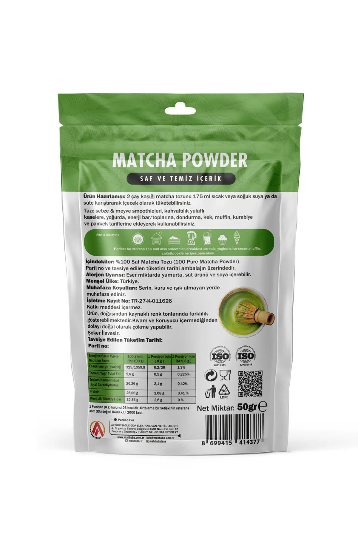 Mahbuba Life Matcha Poeder – 100% Pure Gemalen Groene Thee – Suikervrij, Glutenvrij & Non-GMO – Detox - Rijk aan antioxidanten - Energie en focus - Boost voor metabolisme - 50 g