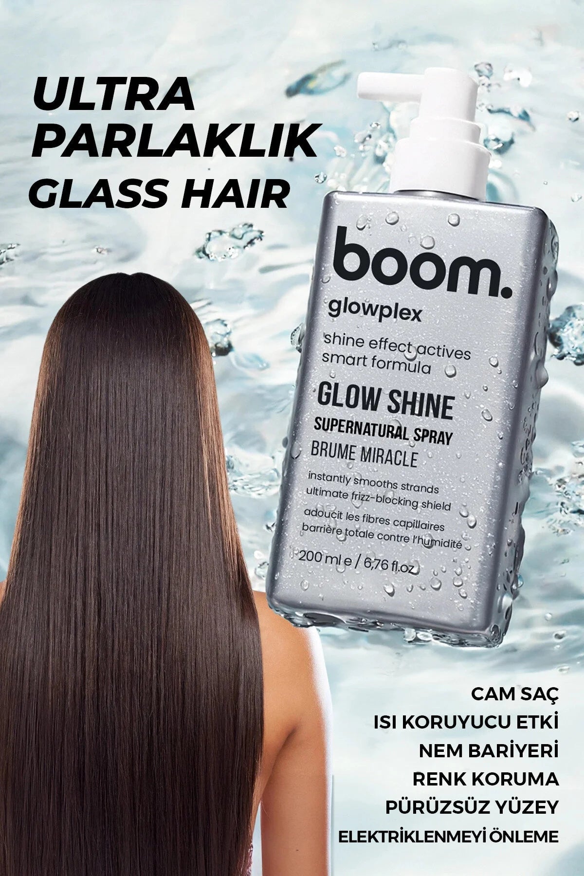 Boom Glowplex Glow Shine Supernatural Spray - Ultra Glans & Anti-Pluis Haarverzorging - Hittebescherming - Vochtbarrière & Kleurbehoud - Voorkomt statisch haar - Spiegelglad haar - 200 ml