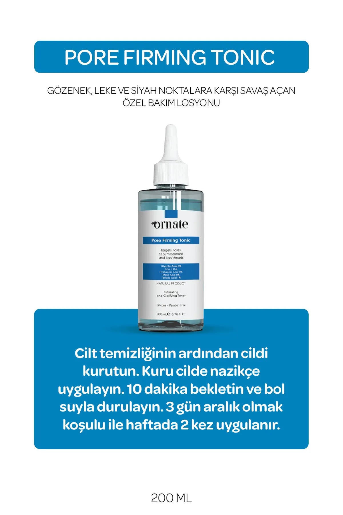 ORNATE Poriënverstevigende Tonic / Richt zich op Poriën / Talgbalans / Mee-eters / Zuiverende & Verhelderende Tonic/ Verrijkt met Glycolzuur 5% AHA + BHA / Hyaluronzuur 2% / Appelzuur 2% / Wijnsteenzuur 1% / Hydraterend & Hyaluronzuur / 200 ml
