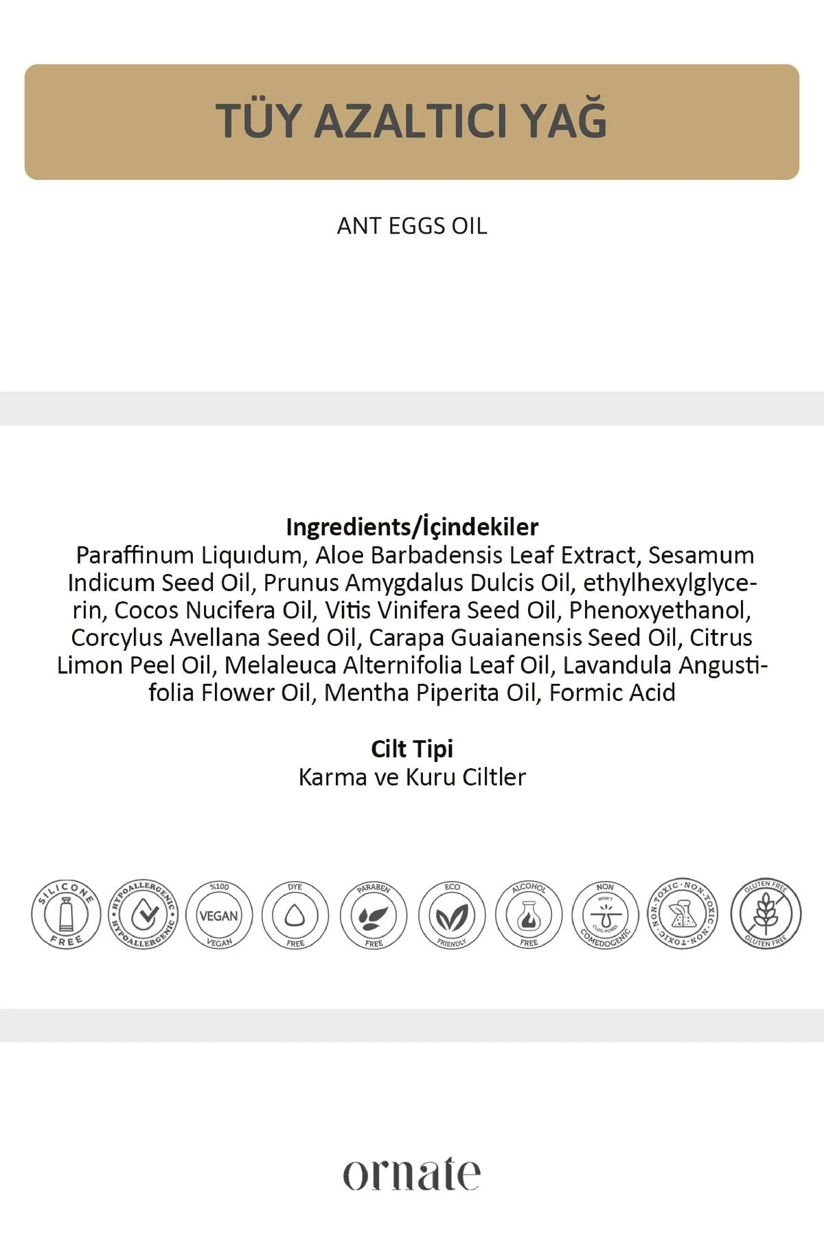 ORNATE Ant Egg Oil VerzorgingsOlie met Mieren Ei 20 ml Veganistisch Mierenzuur Aloë Vera Kokosolie & Sesamolie Droge en Gevoelige Huid