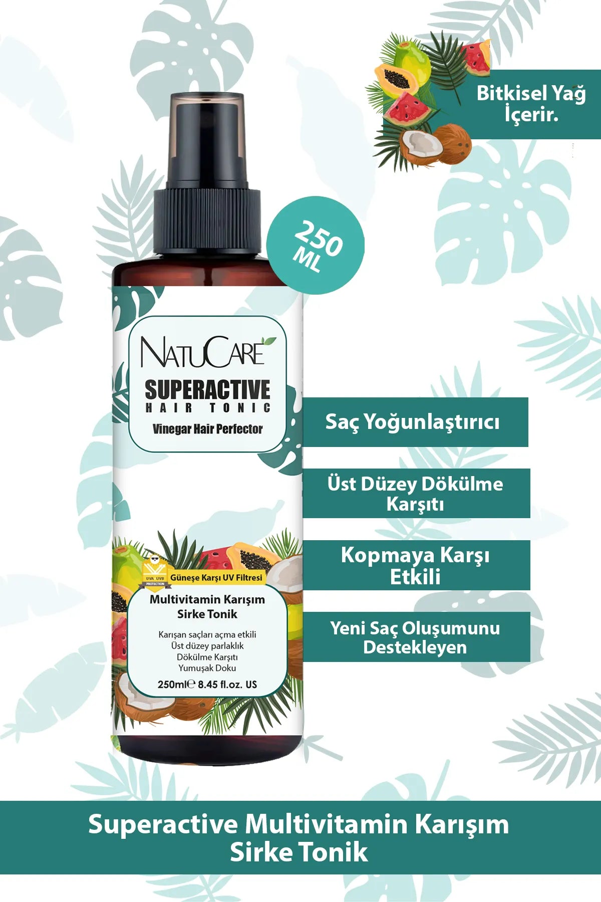 NatuCare Anti-haaruitval en versterkende Multivitamine Mengsel Azijn Tonic / UV-filter tegen de zon / Hoogwaardige helderheid / Effect bij het ontwarren van verward haar / 250ml