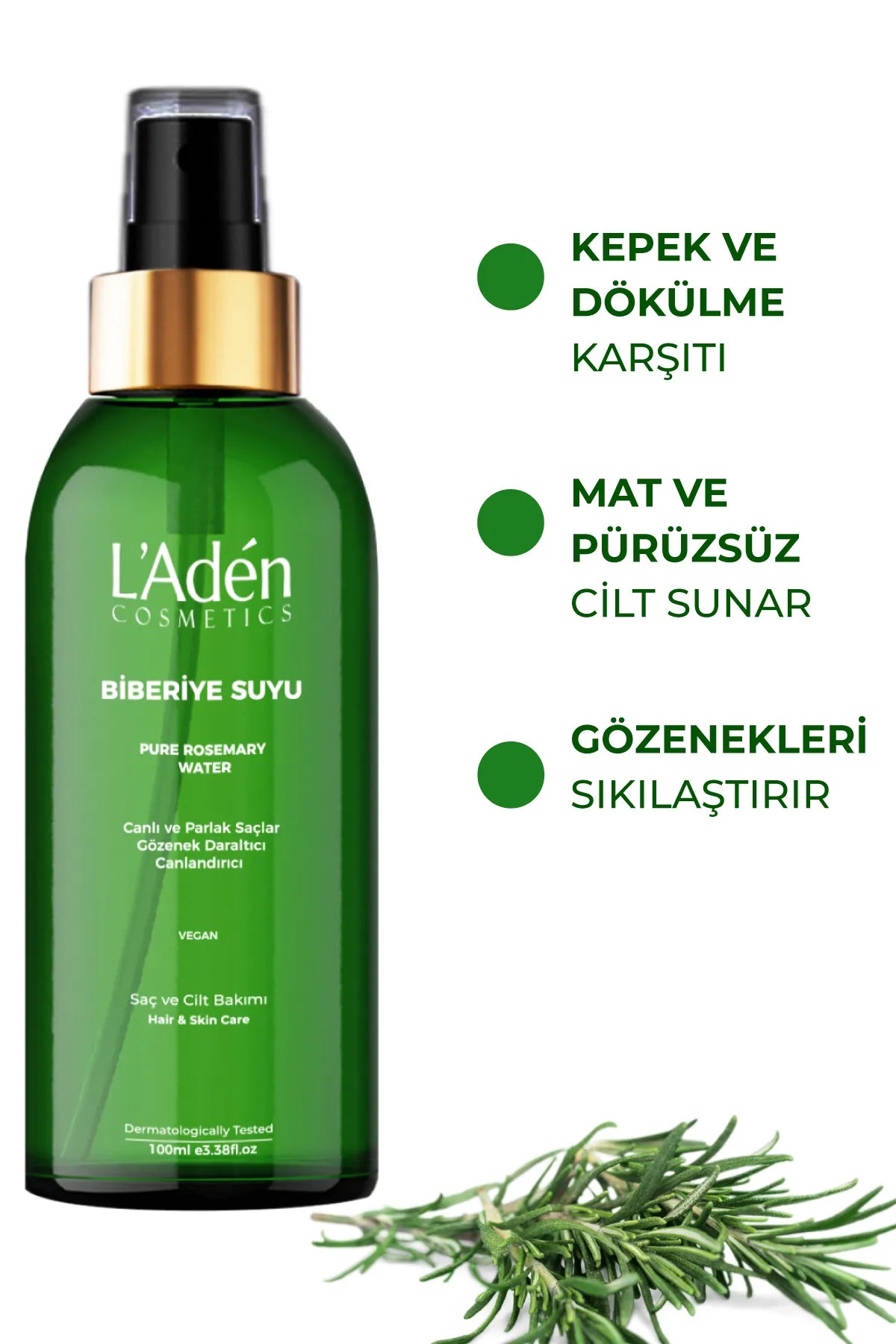 L'Aden Cosmetics Rozemarijnwater Anti-verlies Pure Haar Tonic / Levendig en Glazend Haar / Poriën minimaliserend / Revitaliserend / Vegaans / Haar- en huidverzorging / 100 ml