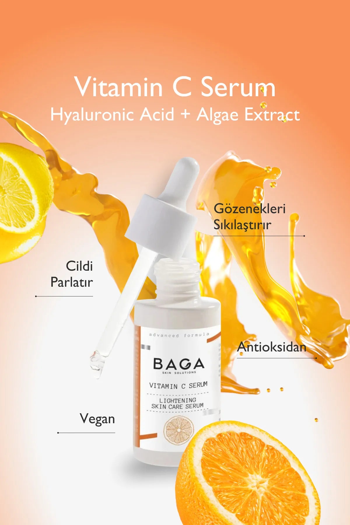 BAGA VITAMINE C SERUM - Verlichtend Huidverzorging Serum - Oppepper voor Vermoeide Huid - Stimuleert de aanmaak van Collageen - Remt de Pigmentproductie - Vermindert fijne Lijntjes en Rimpels - Antioxiderende Werking