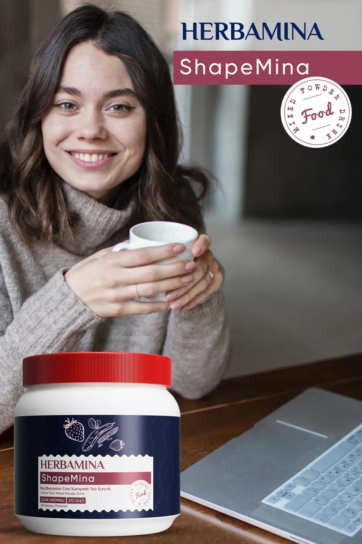 Herbamina Gewichtstoename Shapemina Carob Meel Gemengd Poederdrank - Aardbeiensmaak 510 gr