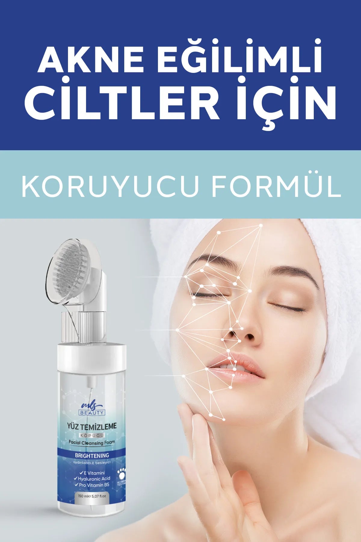 Milacus Beauty Gezichtsreinigingsschuim met Borstel Anti-Mee-eter en Acne / Verlichtend & Voedend / Hyaluronzuur / Pro-Vitamine B5 / Vitamine E / Voor Alle Huidtypes / 150 ml