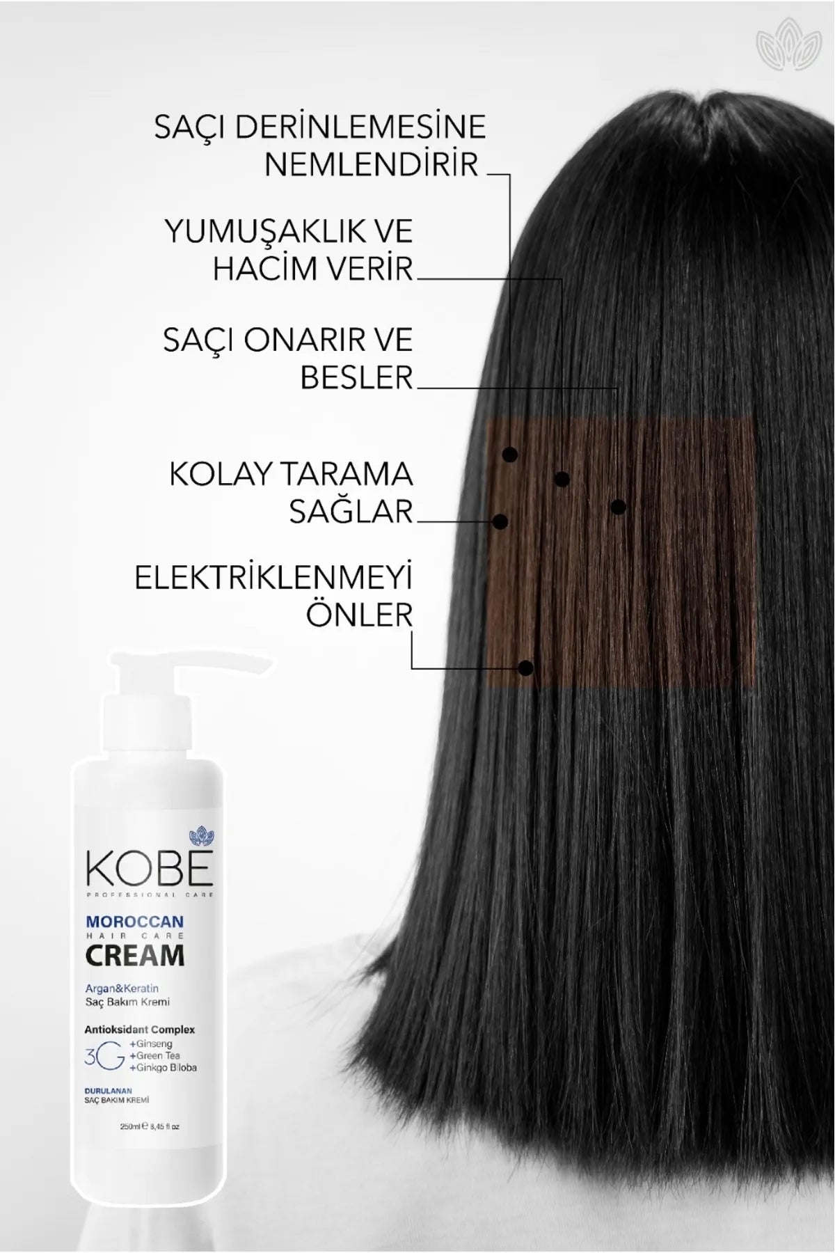 Kobe Professionele Marokkaanse Haarverzorgings Creme - Argan & Keratine - Herstellende Haarverzorging Conditioner Beschadigd en Gevoelig Haar - Antioksidant complex - Ginseng - Groene Thee - Ginkgo Biloba 250 ml