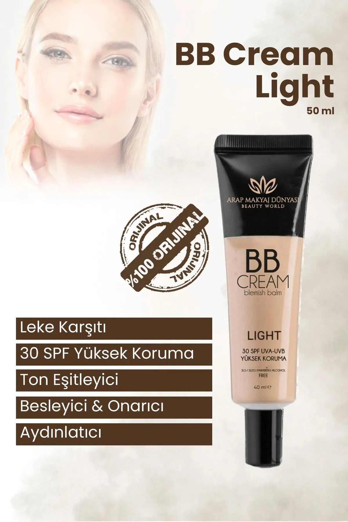Arab Makeup World - BB Cream - Light Blemish balm - 30 SPF UVA-UVB Voedend - Herstellend en Verhelderend - 40 ml