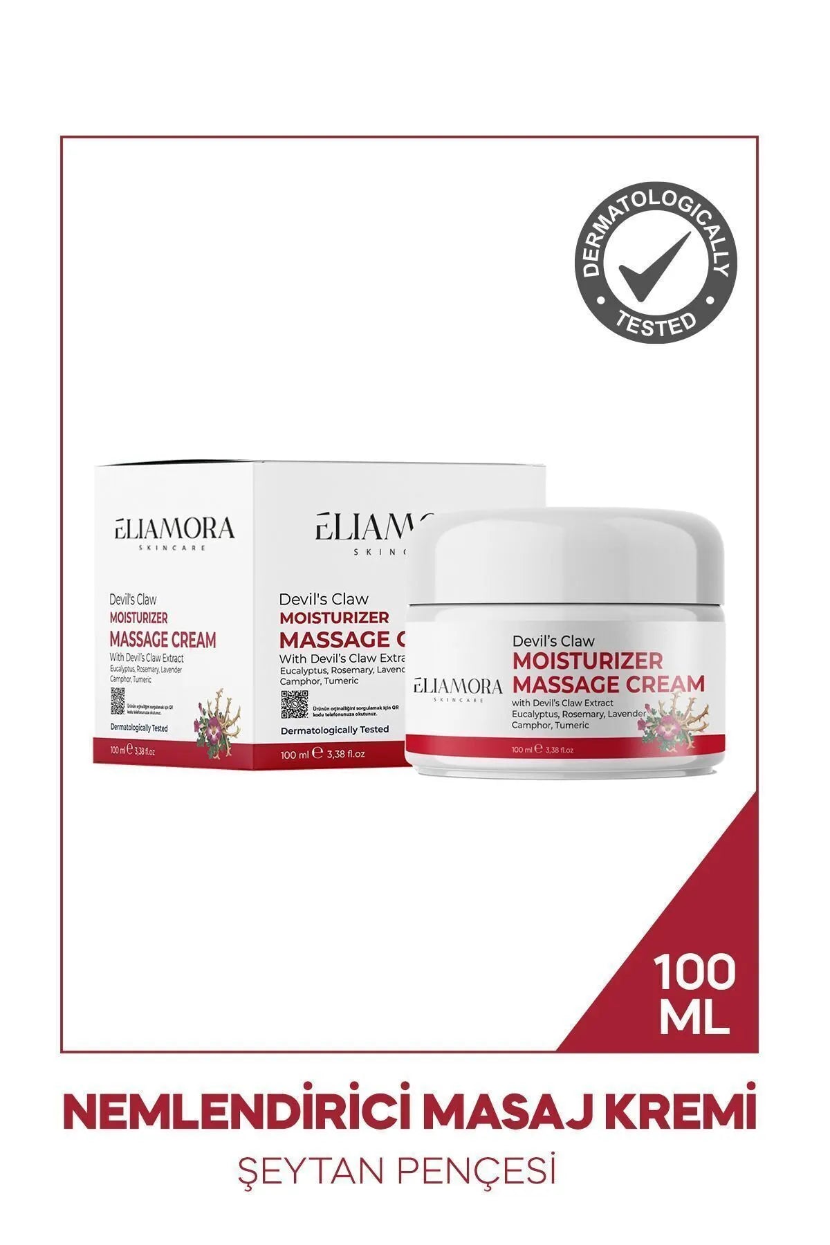 Eliamora - Hydraterende Massagecrème met Duivelsklauwextract - Eucalyptus - Rozemarijn - Lavendel - Kamfer - Kurkuma - 100 ml