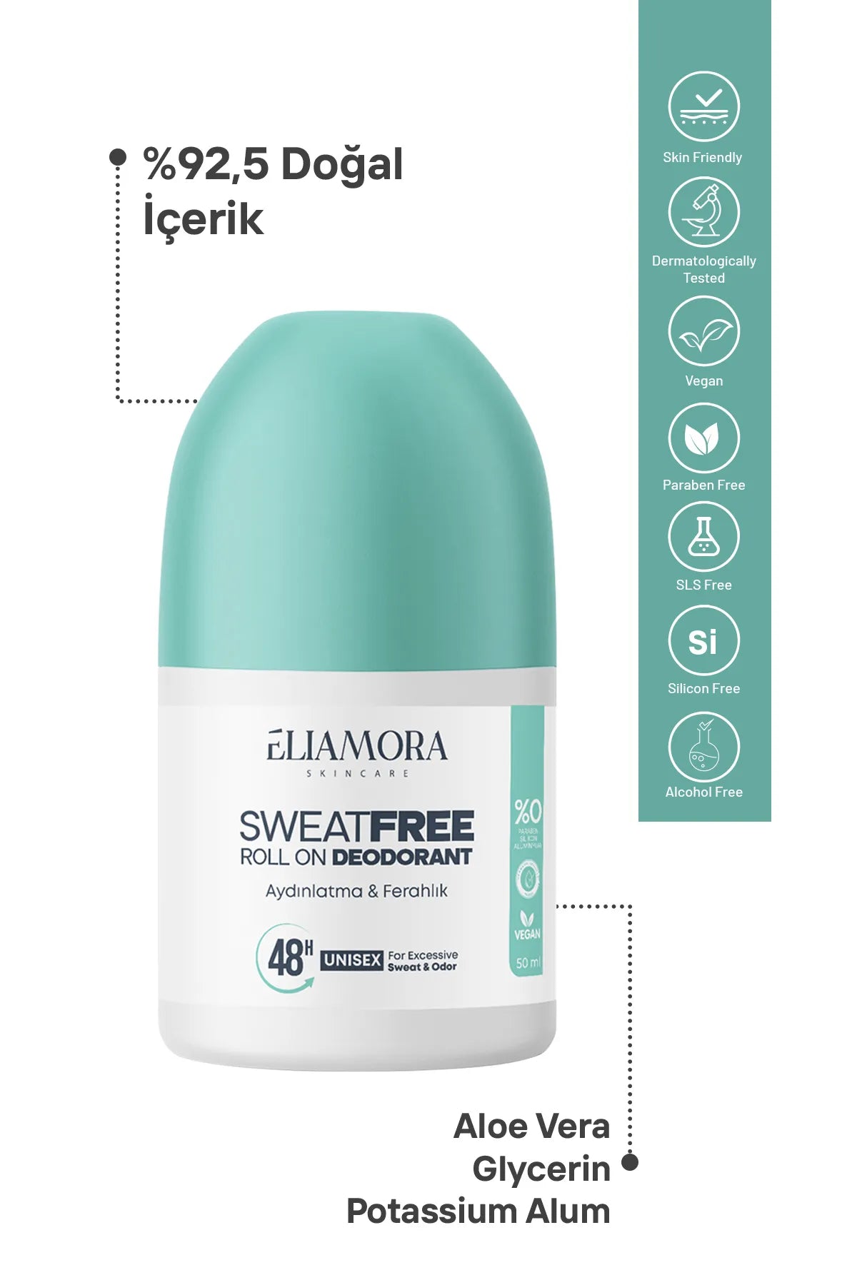 Eliamora Huidverzorging - Zweetvrije- en geurpreventieve Roll-On Deodorant 48 uur Unisex - Verlichting en frisheid - Effectief blekend & Veganistisch - 50 ml