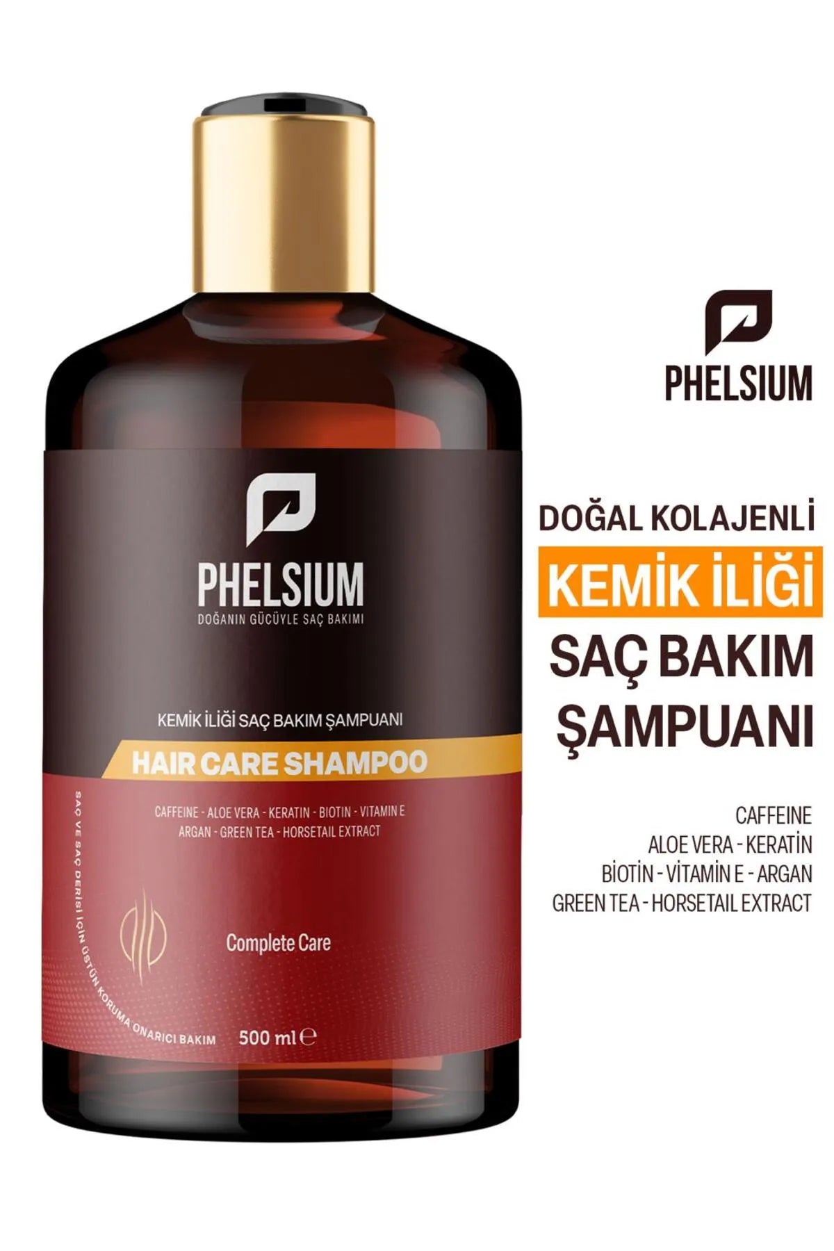 PHELSIUM Haarverzorgingsshampoo - Anti-haaruitval Beenmergverzorging Shampoo - Actieve Kruideningrediënten en Vitamines - Cafeïne - Aloe Vera - Keratine - Biotine - Vitamine E - Argan - Groene thee - Paardenstaartextract - 500 ml