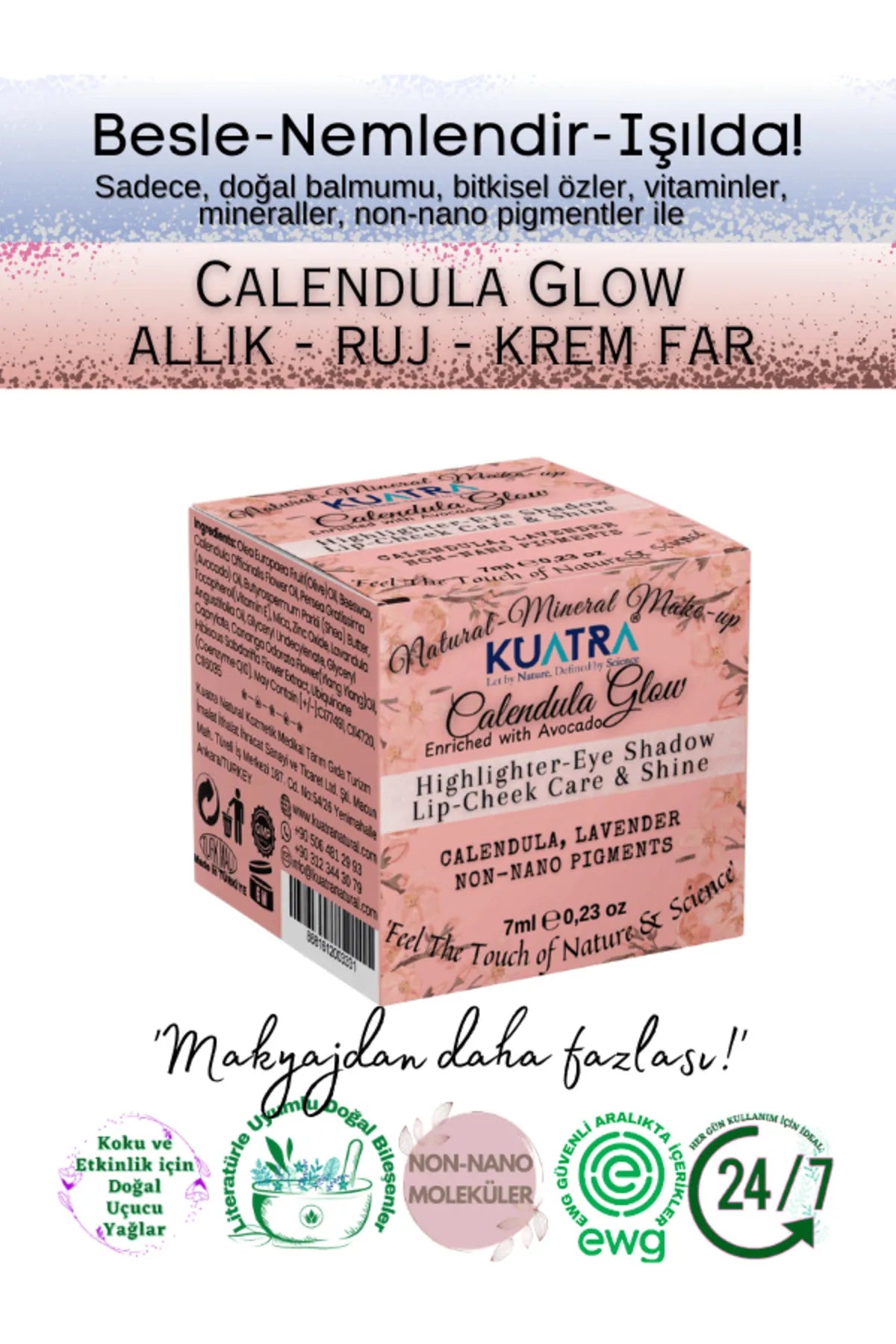 KUATRA - Calendula Glow 3 in 1 - Highlighter - Oogschaduw Creme - Lip-Wangverzorging & Glans - Blush - Voeden - Herstellen - Glanzen - Alleen met natuurlijke bijenwas - kruidenextracten - vitaminen - mineralen - niet-nano pigmenten - 7 ml