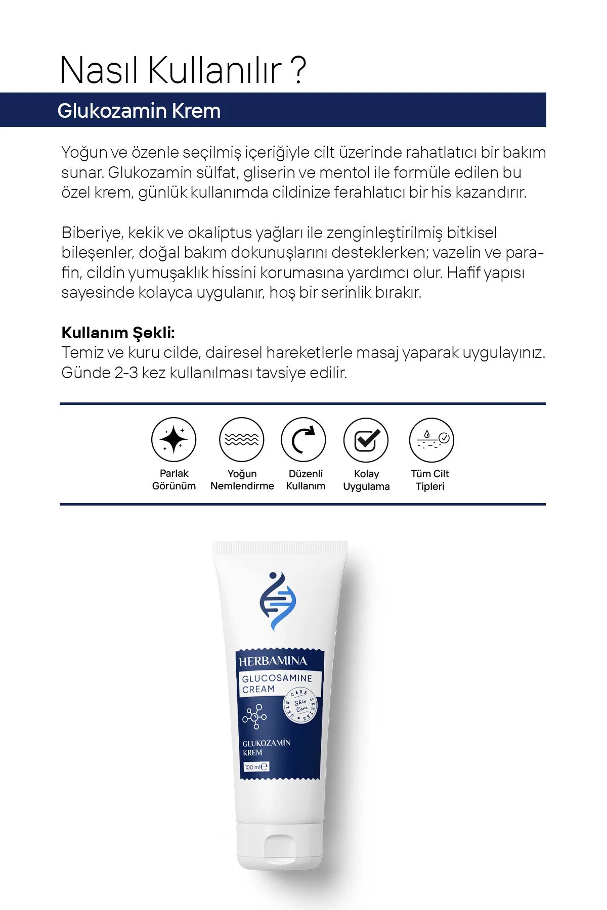 Herbamina Glucosamine Massage Crème - Gewenste gebied (armen - benen en lichaam) - Verhoogt de elasticiteit van de huid door hydratatie - Voor alle huidtypen 100 ml
