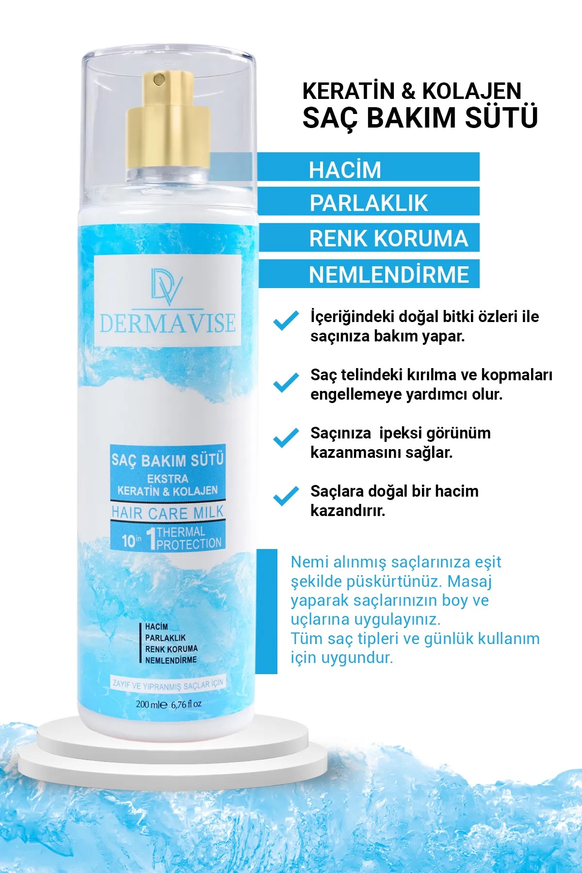 Dermavise Extra Keratine & Collageen Haarverzorgingsmelk 10 van 1 Thermal Protection Volume Helderheid Kleubescherming Bevochtingen voor zwak en beschadigd haar 200 ml