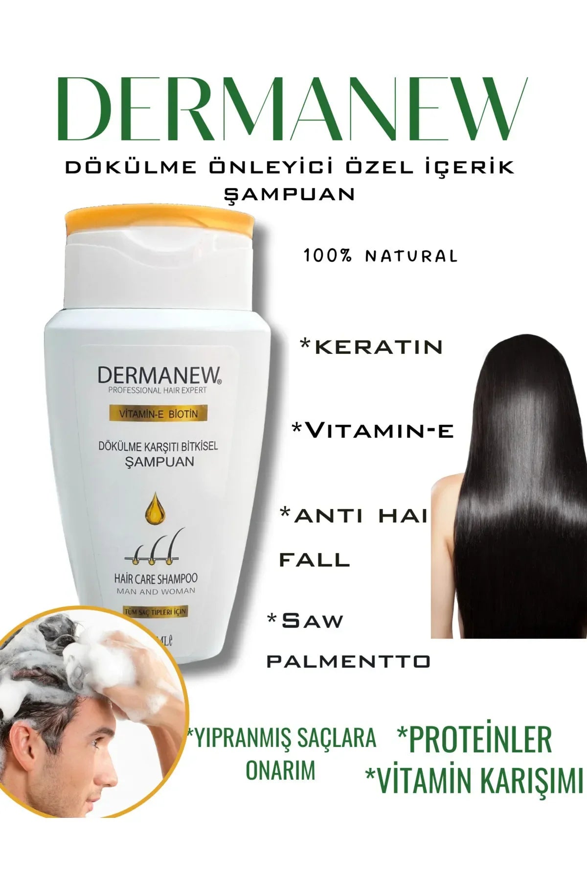 Dermanew Shampoo Professionele haarexpert - Biotine + Vitamine E - Anti-Haaruitval Snelle Haargroei Voller Volume Herstellende Voedende Shampoo - Alle haartypen - 300 ml