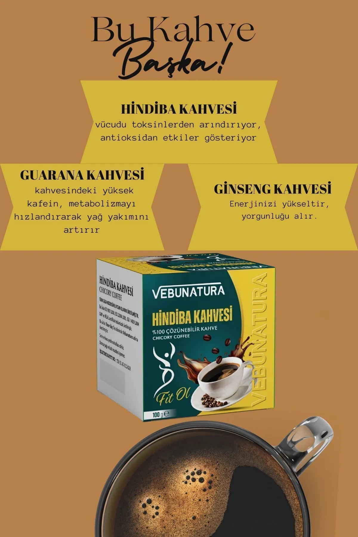 VEBUNATURA Hindiba Coffee (Cichoreikoffie) Guarana Ginseng Detox Koffie 1 Maand - (60 Gebruik) NETTO 100gr