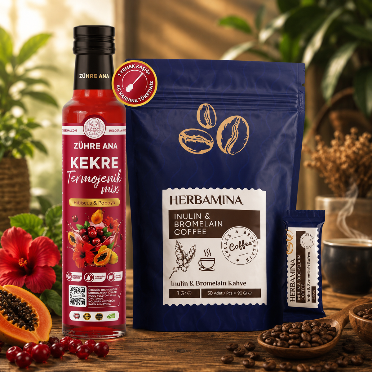 Herbamina Koffie met Inuline & Bromelaïne - 30 Sachets (90 g) + Zühre Ana Kekre Termojenik Mix Hibiscus & Papaya 250 ml