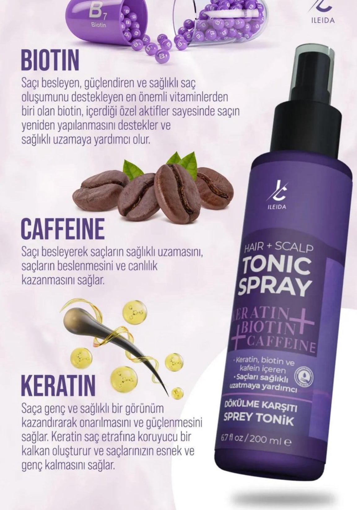 İLEİDA Hair Care Tonic Hair 200 ml, tonique anti-chute renforçant les cheveux avec biotine, kératine et caféine, favorise une croissance saine