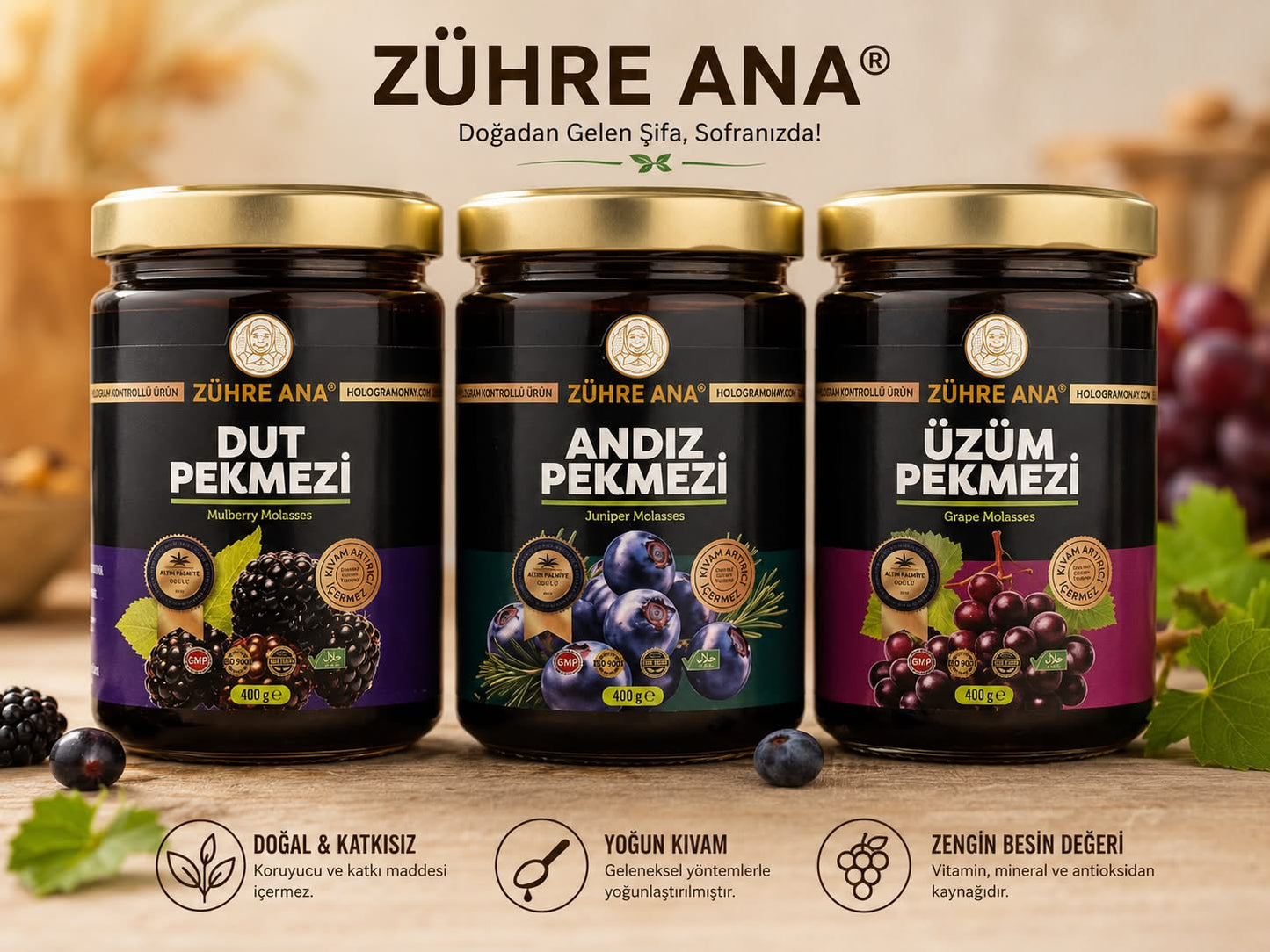Zühre Ana Melasse Set 3 Stuks - Moerbeimelasse (Dut Pekmezi), Jeneverbesmelasse (Andız Pekmezi) en Druivenmelasse (Üzüm Pekmezi) - 3 x 400 g - 100% Natuurlijk - Zonder Toegevoegde Suikers