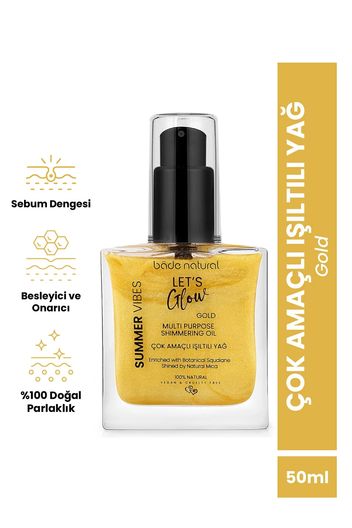 Bade Natural Let's Glow Gold Shimmering Oil 50 ml | Multi Purpose Body, Face & Hair Oil | Met Squalaan & Natuurlijke Mica
