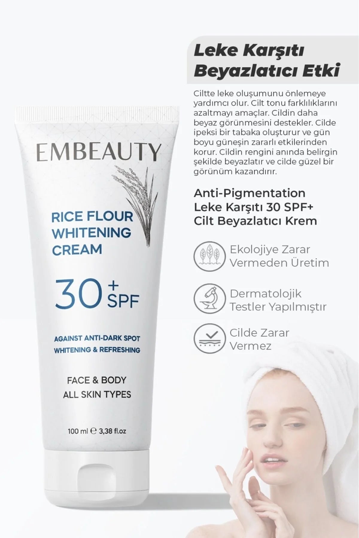 EMBEAUTY Rice Flour Brightening Cream SPF30+ 100 ml | Voor Gezicht en Lichaam | Met Arbutin en Hyaluronzuur
