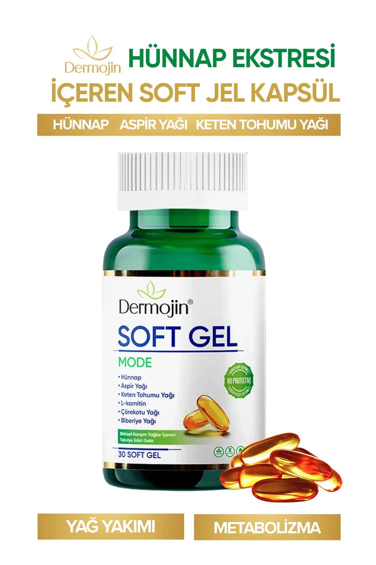 Dermojin Soft Gel - Jujube-extract 30 Zachte gel Capsule - Saffloerolie - Lijnzaadolie - L-Carnitine - Zwarte komijnolie - Rozemarijn olie - Bevat gemengde Kruidenoliën