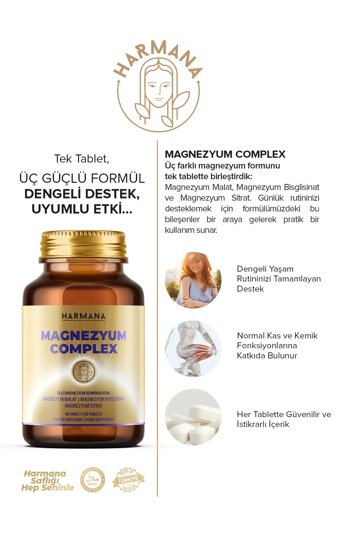 Harmana Magnesium Complex – Magnesium Citraat, Malaat & Bisglycinaat – 200 mg Magnesium – 60 Tabletten