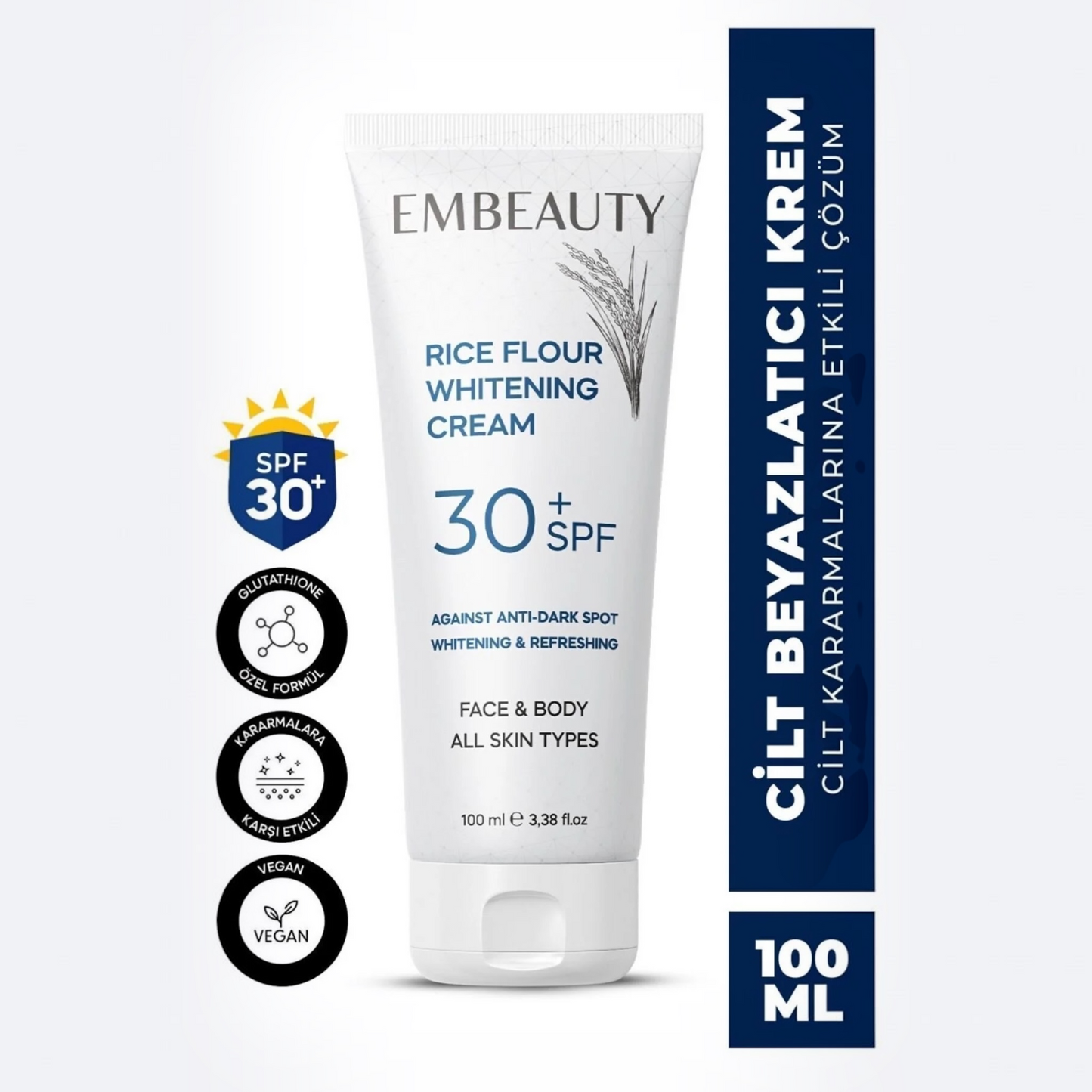 EMBEAUTY Rice Flour Brightening Cream SPF30+ 100 ml | Voor Gezicht en Lichaam | Met Arbutin en Hyaluronzuur